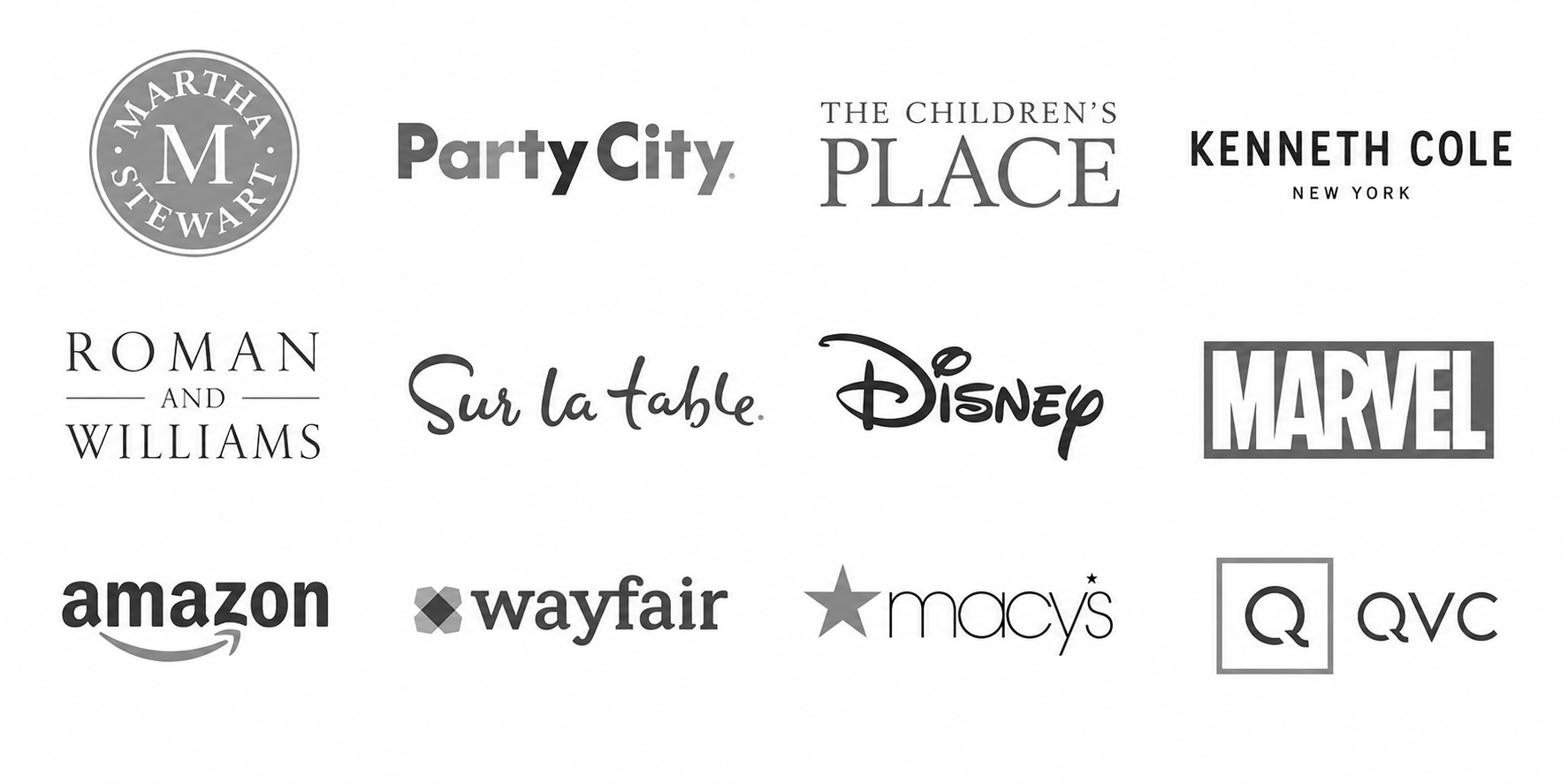 A collection of various brand logos including Martha Stewart, Party City, The Children's Place, Kenneth Cole, Roman and Williams, Sur La Table, Disney, Marvel, Amazon, Wayfair, Macy's, and QVC in black and white.
