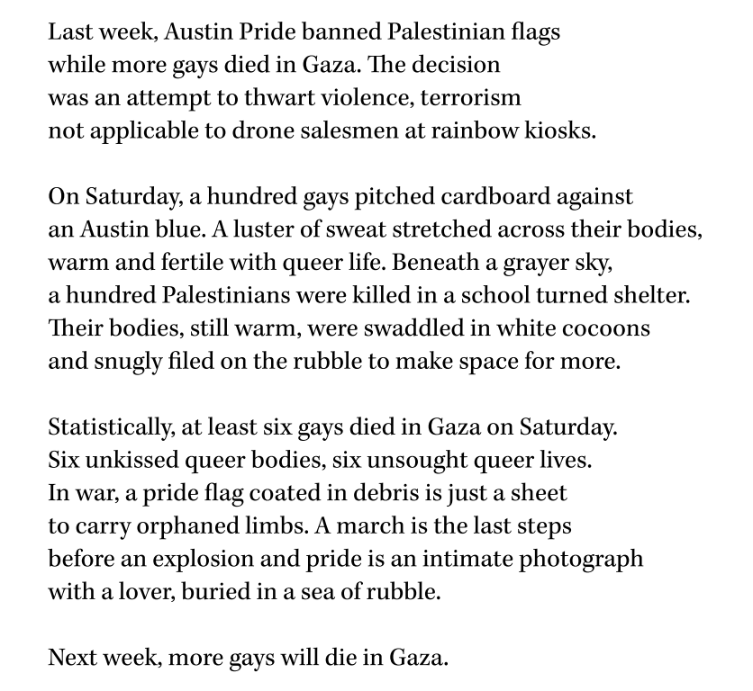 Text discussing protests at Austin Pride, violence in Gaza, and violence against LGBTQ+ people, mentioning cardboards, flags, and human casualties.