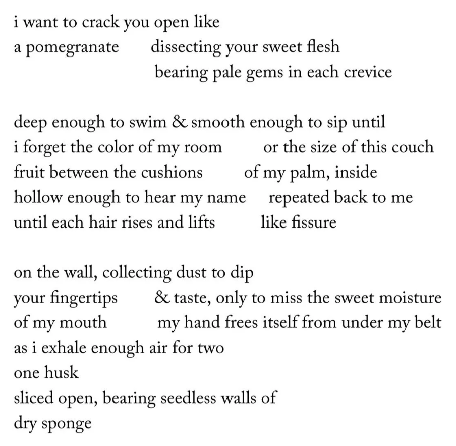 A poetic handwritten text about intimacy and sensory experiences, mentioning a pomegranate, pale gems, cushions, and the smell of a dry sponge.