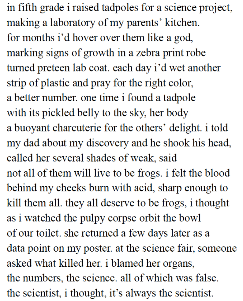 Text excerpt about raising tadpoles, science project, and a humorous story involving frogs, a lab coat, and a science fair.