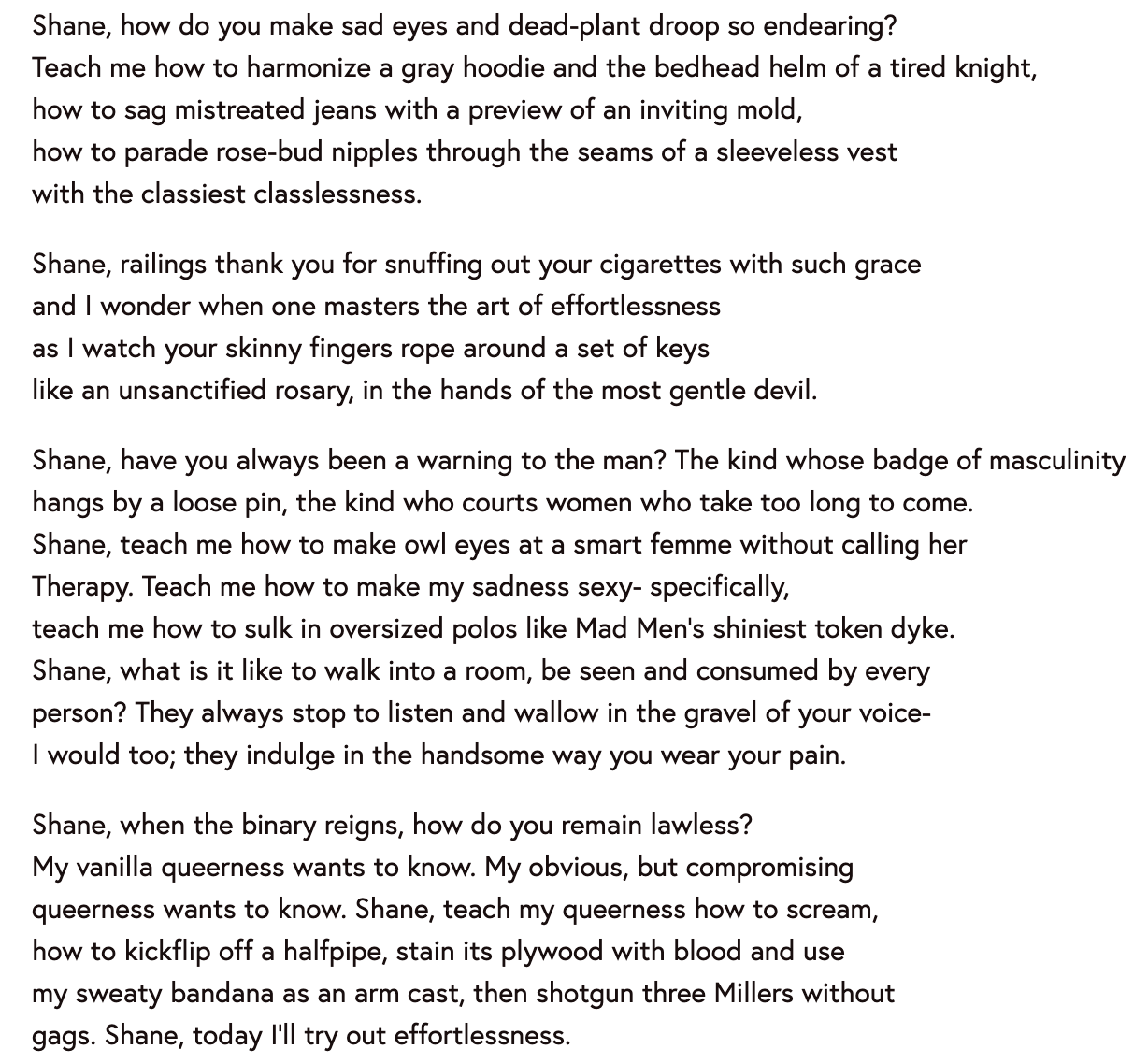Poetry or literary text focusing on themes of masculinity, seduction, emotional expression, and gender roles.