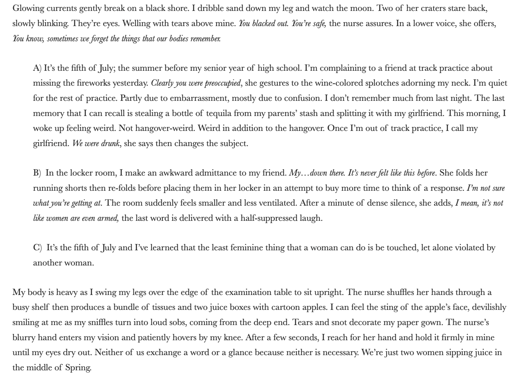 A page from a manuscript or printed book showing textual content with various paragraphs, dialogue, and italics. The text discusses personal experiences and reflections, mentioning dates, emotions, and interactions in a narrative style.