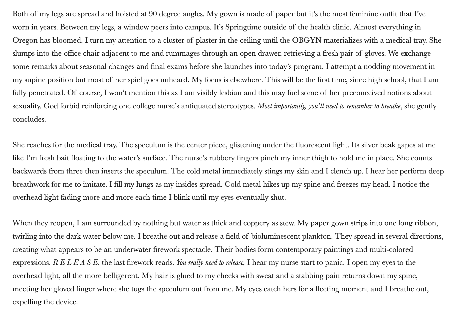 Excerpt of a narrative text describing a scene in a medical context, involving a person, a nurse, and medical equipment. No images are visible.