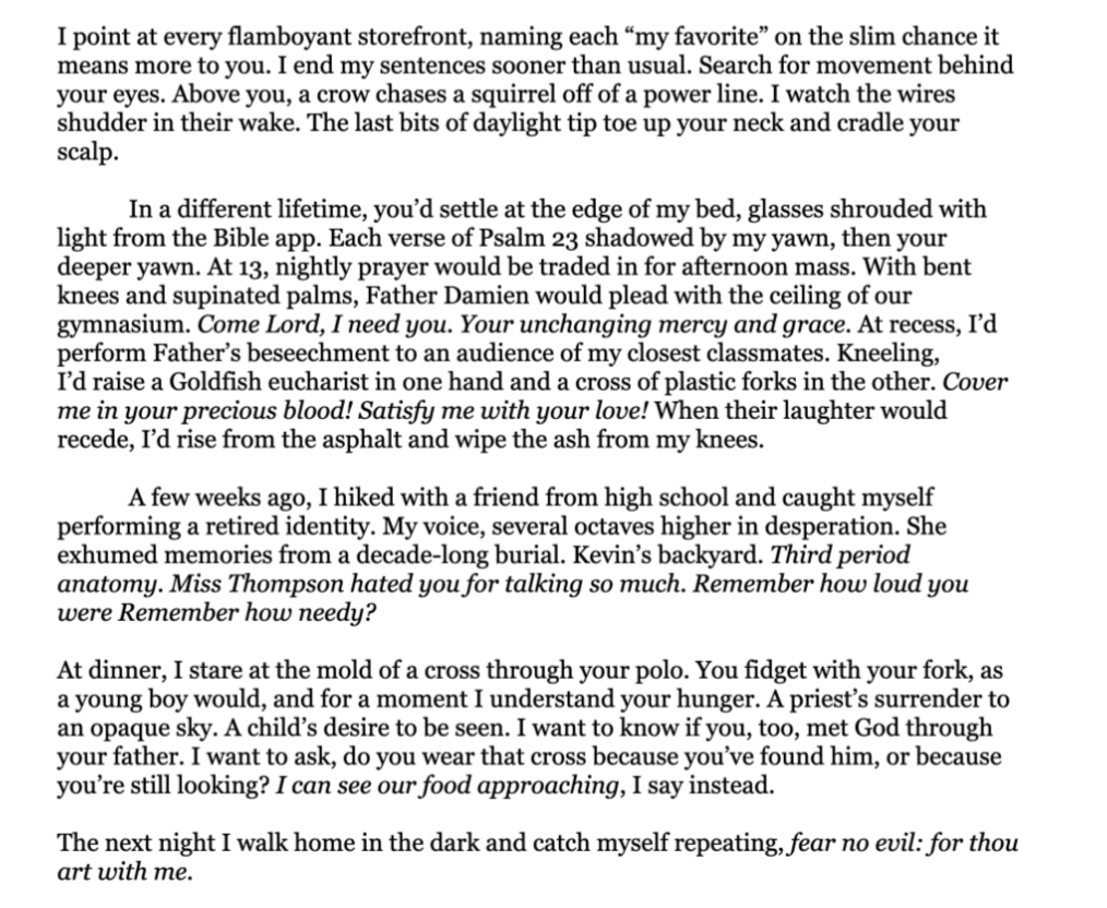 A page of text with various literary and poetic references discussing personal reflections, spirituality, and memories.