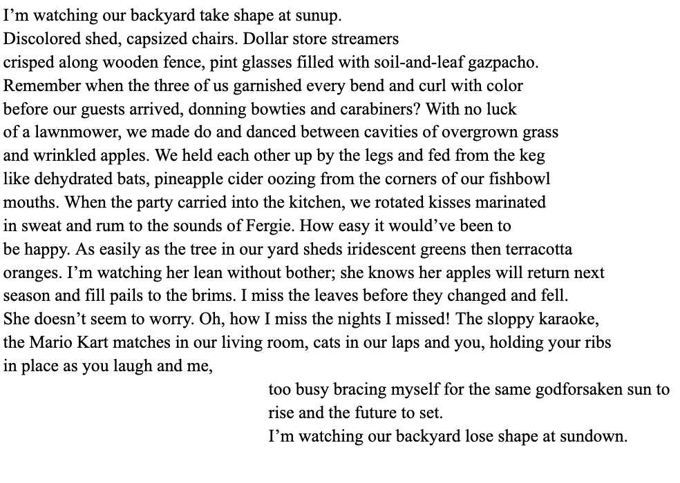 A poetic text reflecting on backyard memories, nature, and nostalgia.