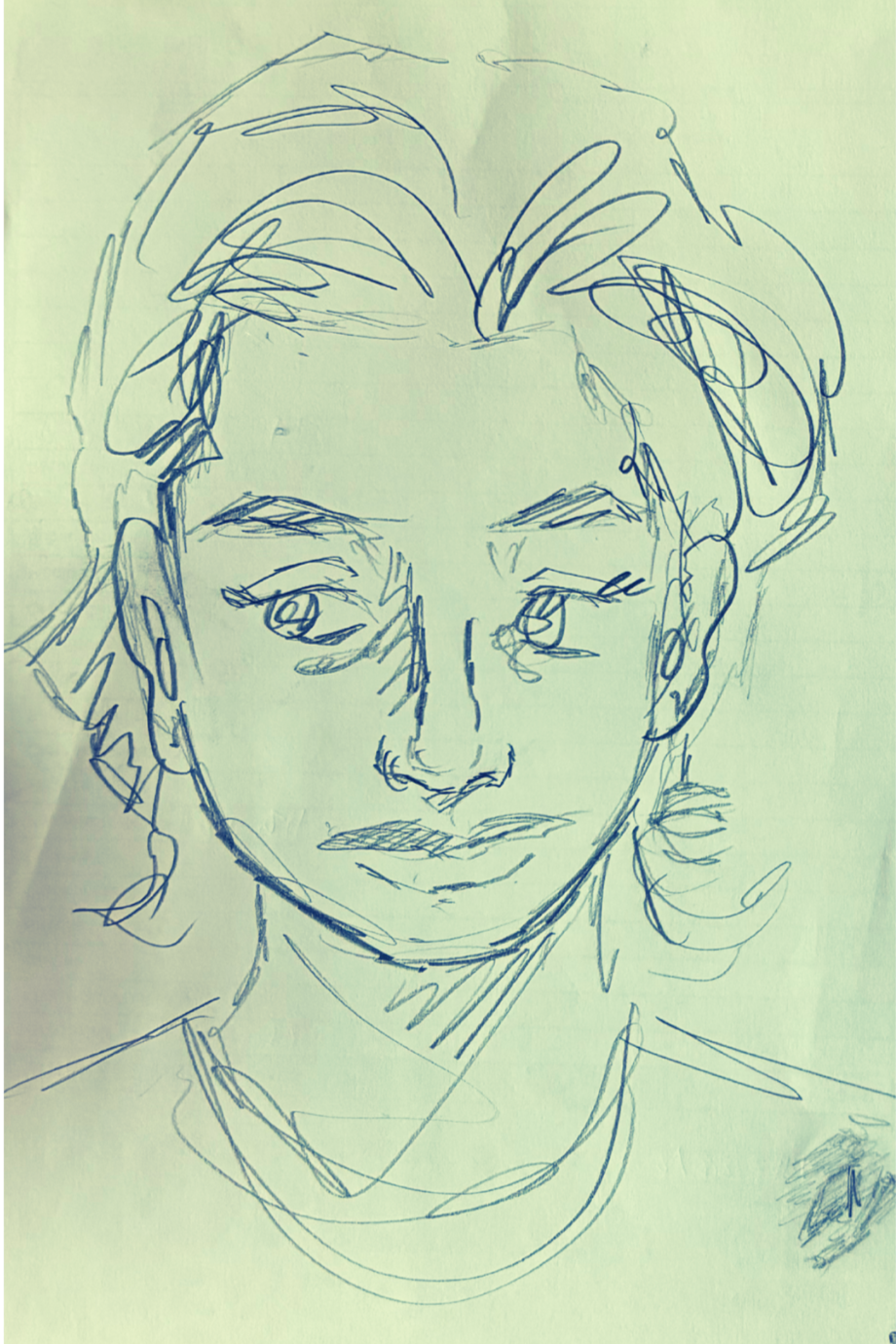 Sketch of a woman's face with short, wavy hair, eyebrows, eyes, nose, and lips.