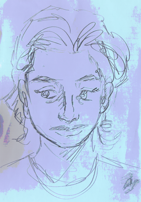 A line drawing of a woman with shoulder-length hair and a serious expression, on a light blue background.