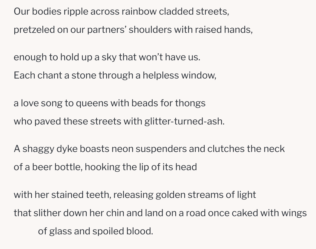 The image shows a poem with poetic lines describing streets, shoulders, a sky, windows, a love song, a dyke, a beer bottle, a woman with stained teeth, and imagery of blood and wings.