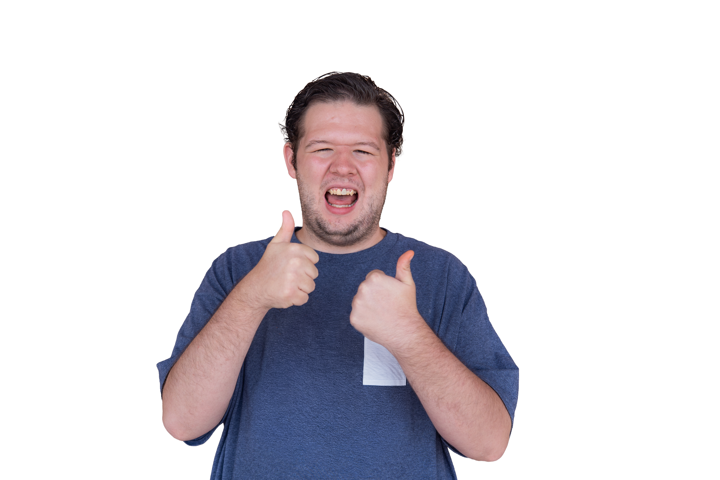 A young man with dark hair and a beard is giving a thumbs up and smiling, wearing a dark blue t-shirt, with a green and black background.