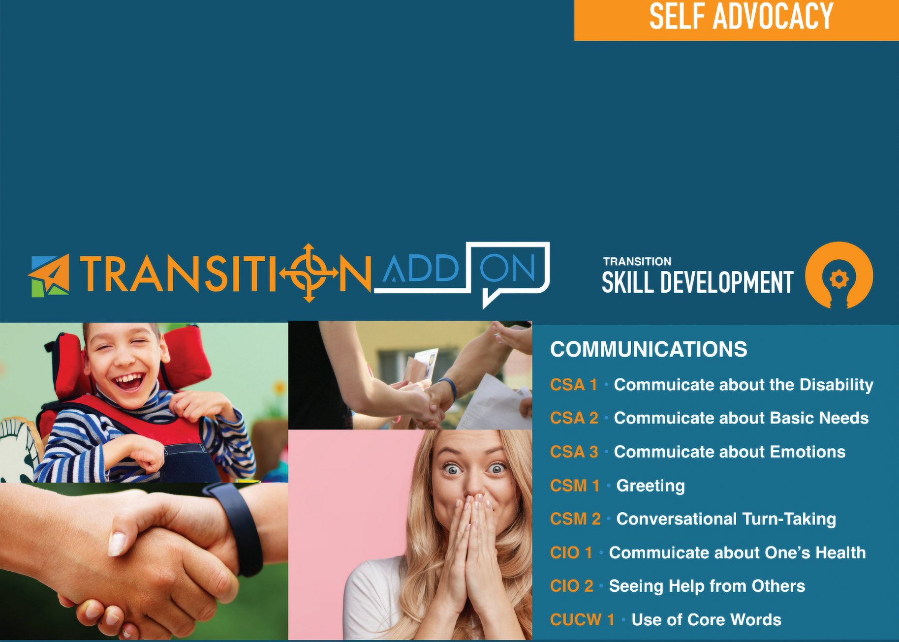 A colorful educational poster about transition and skill development, featuring images of people interacting and smiling, with a focus on communication skills and self-advocacy.