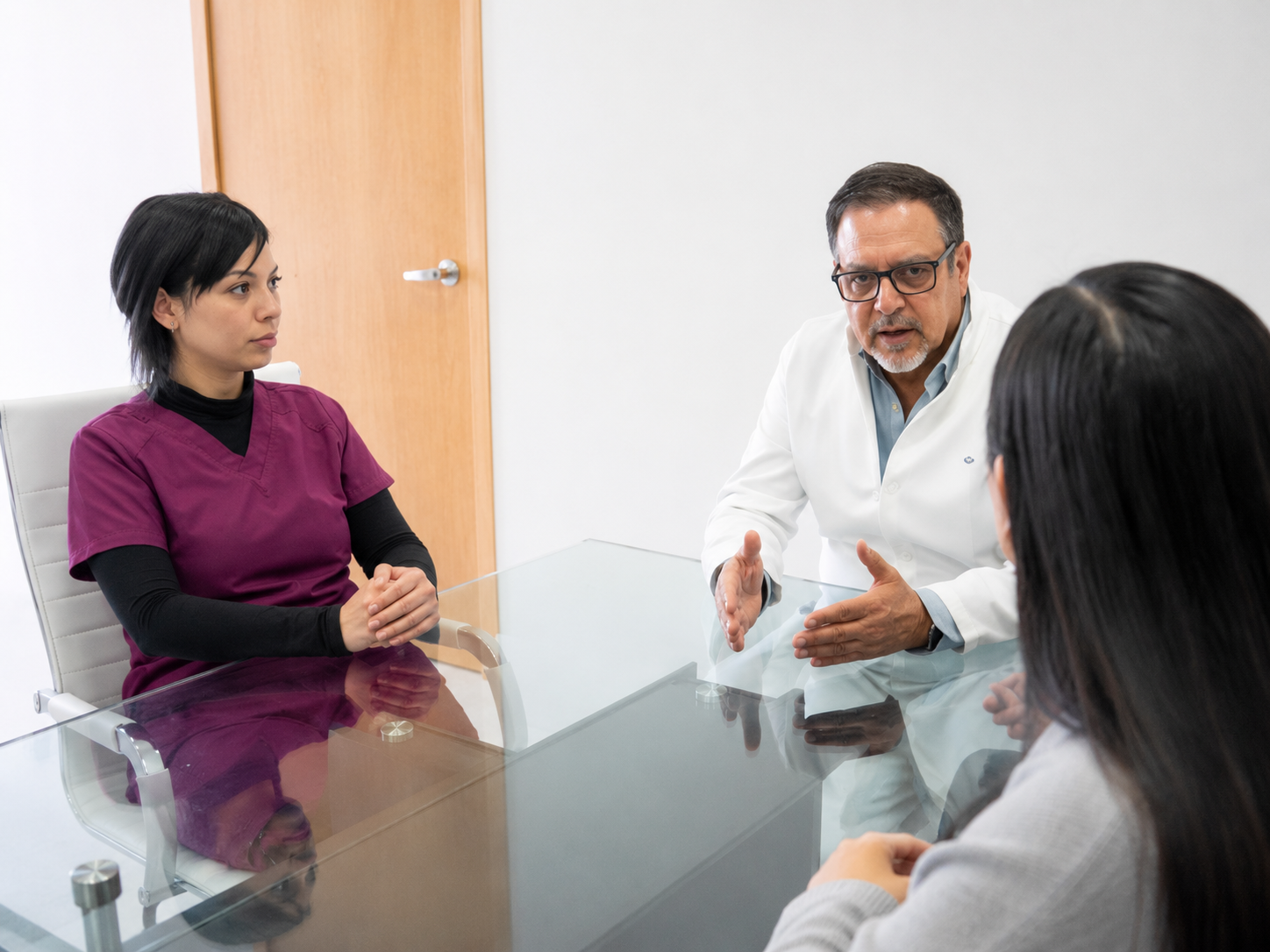 Two people speaking with a seated person in a clinical setting.