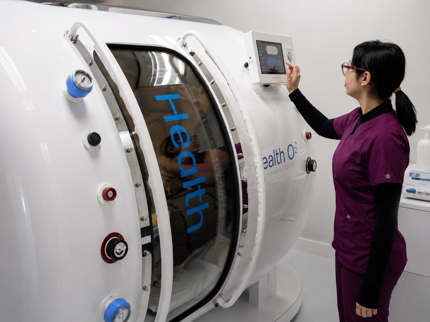 Person standing beside a white hyperbaric chamber.