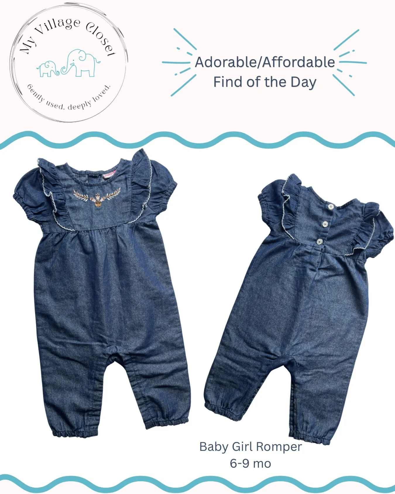 Denim Baby girl romper 6-9mo. Available on Saturday at Mom&rsquo;s Night in Sparta!

#myvillagecloset
#ShopSecondhand
#SecondhandFirst
#ThriftFinds
#Preloved