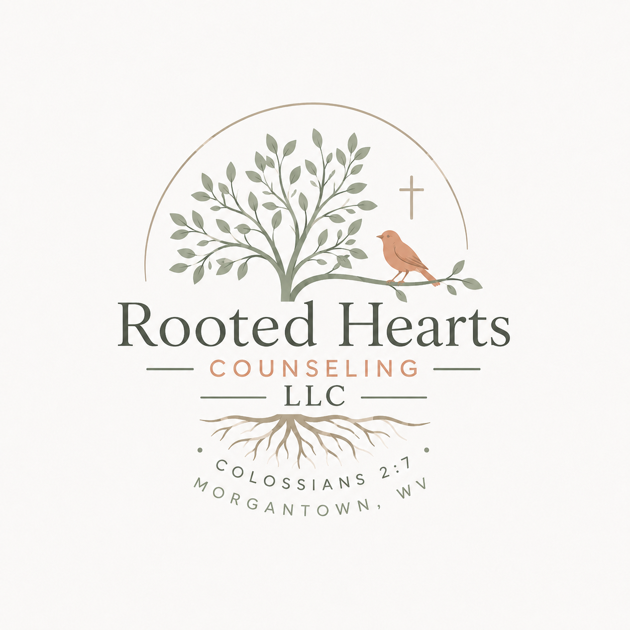 Logo for Rooted Hearts Counseling LLC featuring a tree, a bird on a branch, a cross, and roots, with the text 'Colossians 2:7 Morgan Town, WV'.
