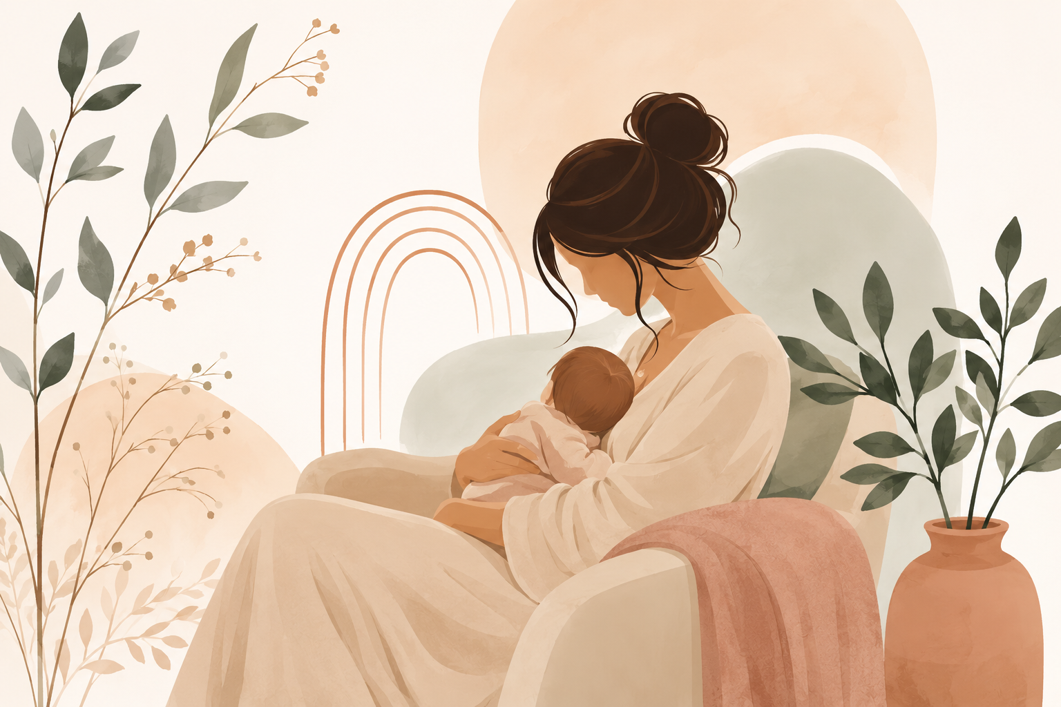 Illustration of a woman with dark hair in a bun, wearing a cream-colored dress, breastfeeding a baby in a cozy indoor setting with potted plants and soft pastel background.