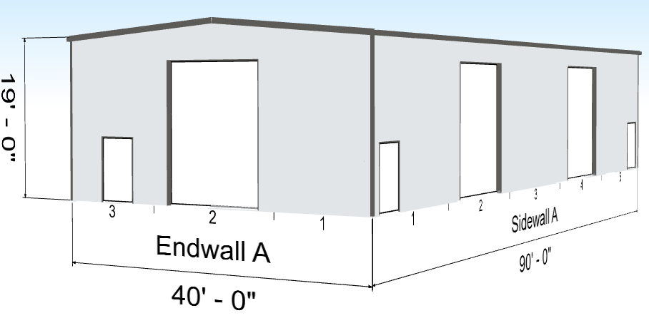 A 3D technical drawing of a rectangular building with a light gray exterior, featuring multiple doors along two sidewalls labeled "Endwall A" and "Sidewall A," with dimensions and labels indicating the measurements.