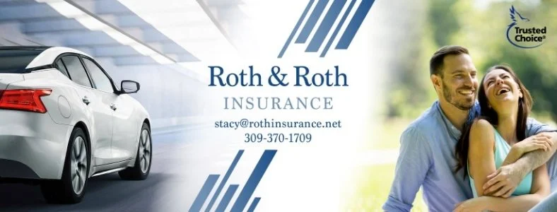 A white sedan car on the left side and smiling couple, a man and woman, embracing on the right side with a green outdoor background. The image includes Roth & Roth Insurance branding, contact email, phone number, and a Trusted Choice logo.