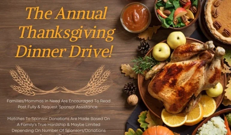 A Thanksgiving dinner drive flyer with a roasted turkey, lemon slices, mixed greens salad, apple, pumpkin, and cranberry sauce on a wooden table, with text about a Thanksgiving dinner drive.