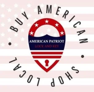 Logo with the words 'Buy American' and 'Shop Local' encircling a shield-shaped emblem featuring an American flag design and the text 'American Patriot Lock and Key'.