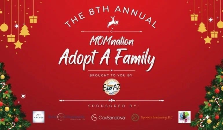 Red background with Christmas trees and ornaments, promoting the 8th annual MOMnation Adopt A Family event, sponsored by various organizations, with a small deer graphic at the top center.