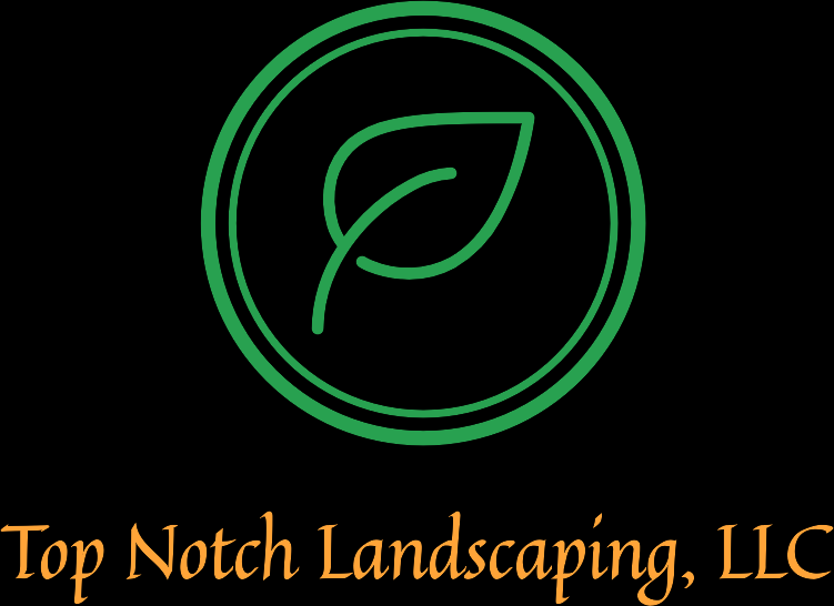 A circular logo with a green outline of a leaf inside, with the name 'Top Notch Landscaping, LLC' in orange cursive text below.