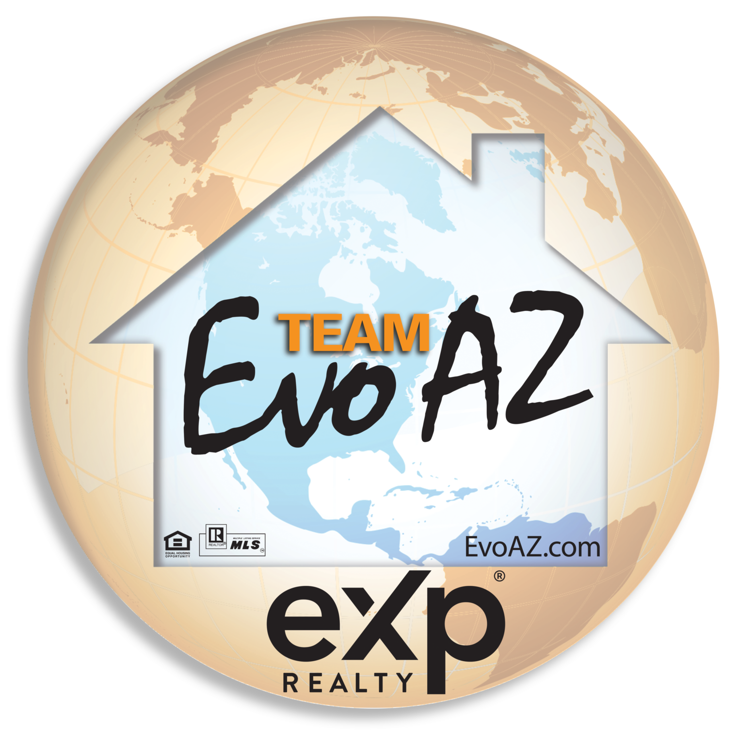 Logo for EvoAZ Realty's Team EvoAZ, featuring a globe with North America, the company's website EvoAZ.com, and real estate certifications.