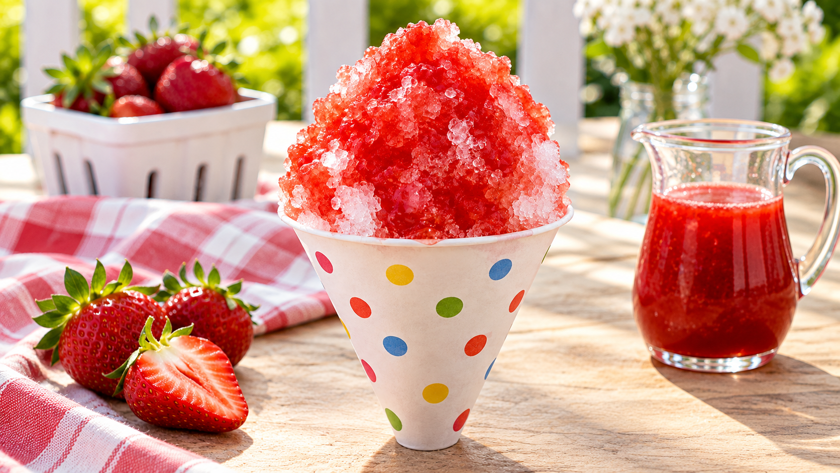 Fresh strawberry snow cone made with finely crushed ice and homemade strawberry syrup