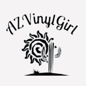 Logo with the text 'AZ Vinyl Girl' above a stylized vinyl record with a sunburst design, on a plain background.