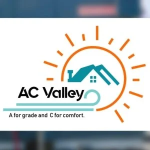 Logo for AC Valley featuring a stylized house and sun, with the text: 'AC Valley' and the slogan 'A for grade and C for comfort.'