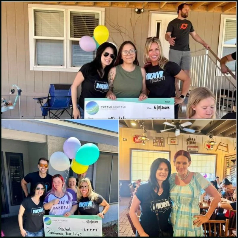 Group of women and a man holding a large check at a celebration event, with balloons and indoor/outdoor settings.