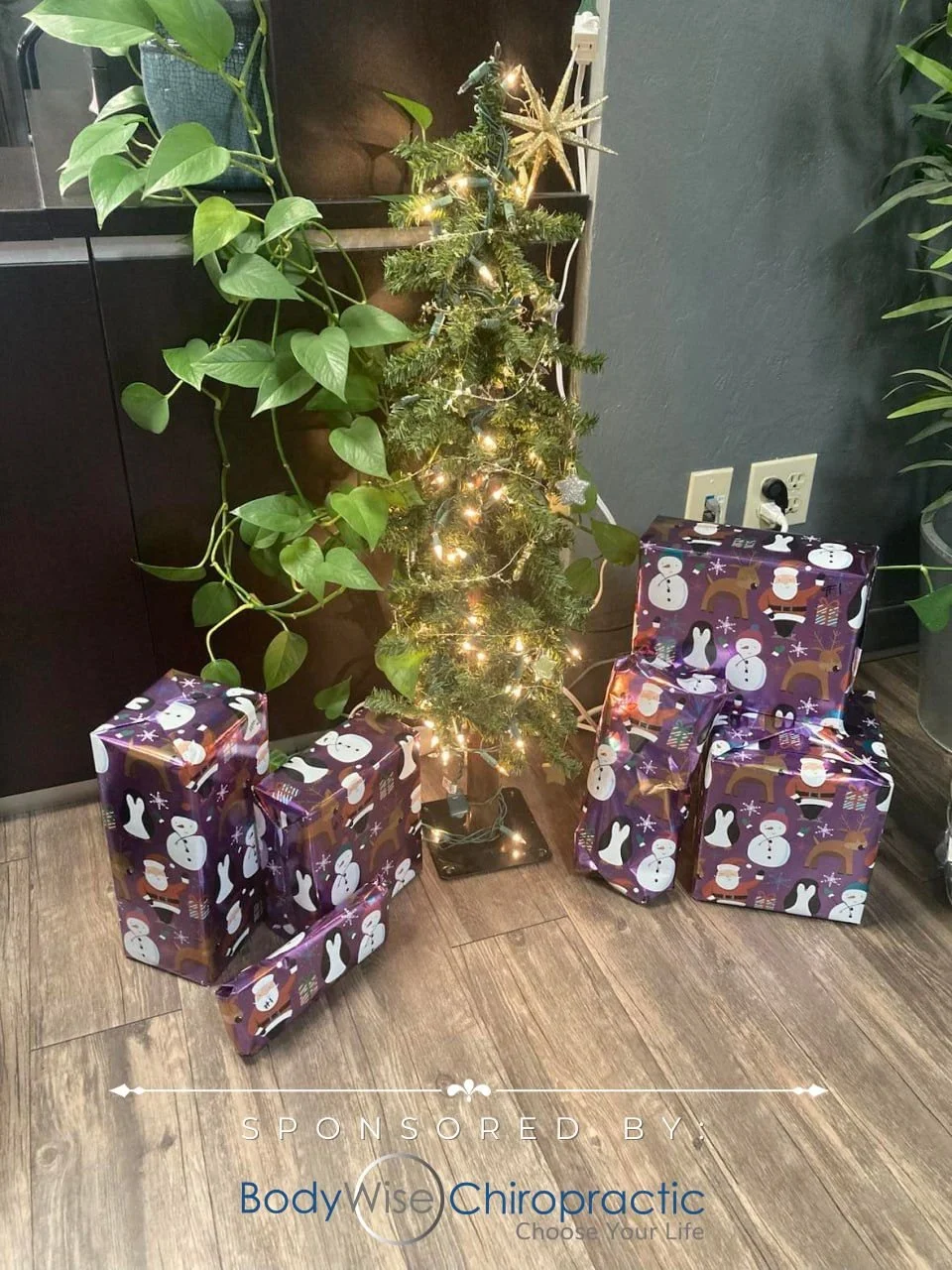 Small decorated Christmas tree with lights and a star topper, surrounded by wrapped presents with holiday-themed wrapping paper, near plants on a wooden floor.