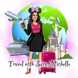A cartoon woman with long dark hair wearing a pink top, black skirt, and pink heels, holding a coffee cup and a smartphone. Behind her is a globe, an airplane, a cruise ship, and a castle, with a pink suitcase beside her. Text reads "Travel with Sara Michelle."