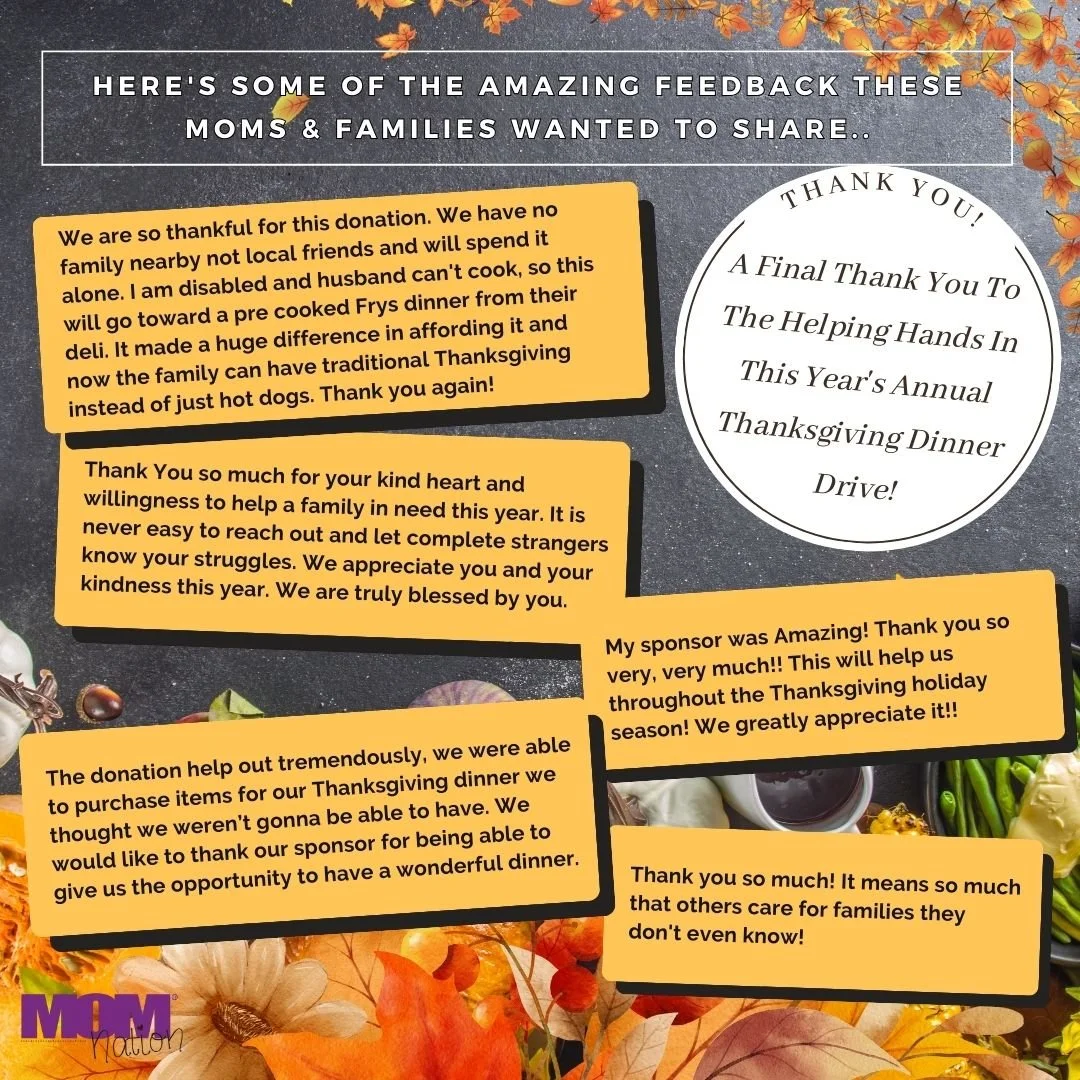 Thank you message and feedback from moms and families for a Thanksgiving dinner drive, with fall leaves and decorations in the background.