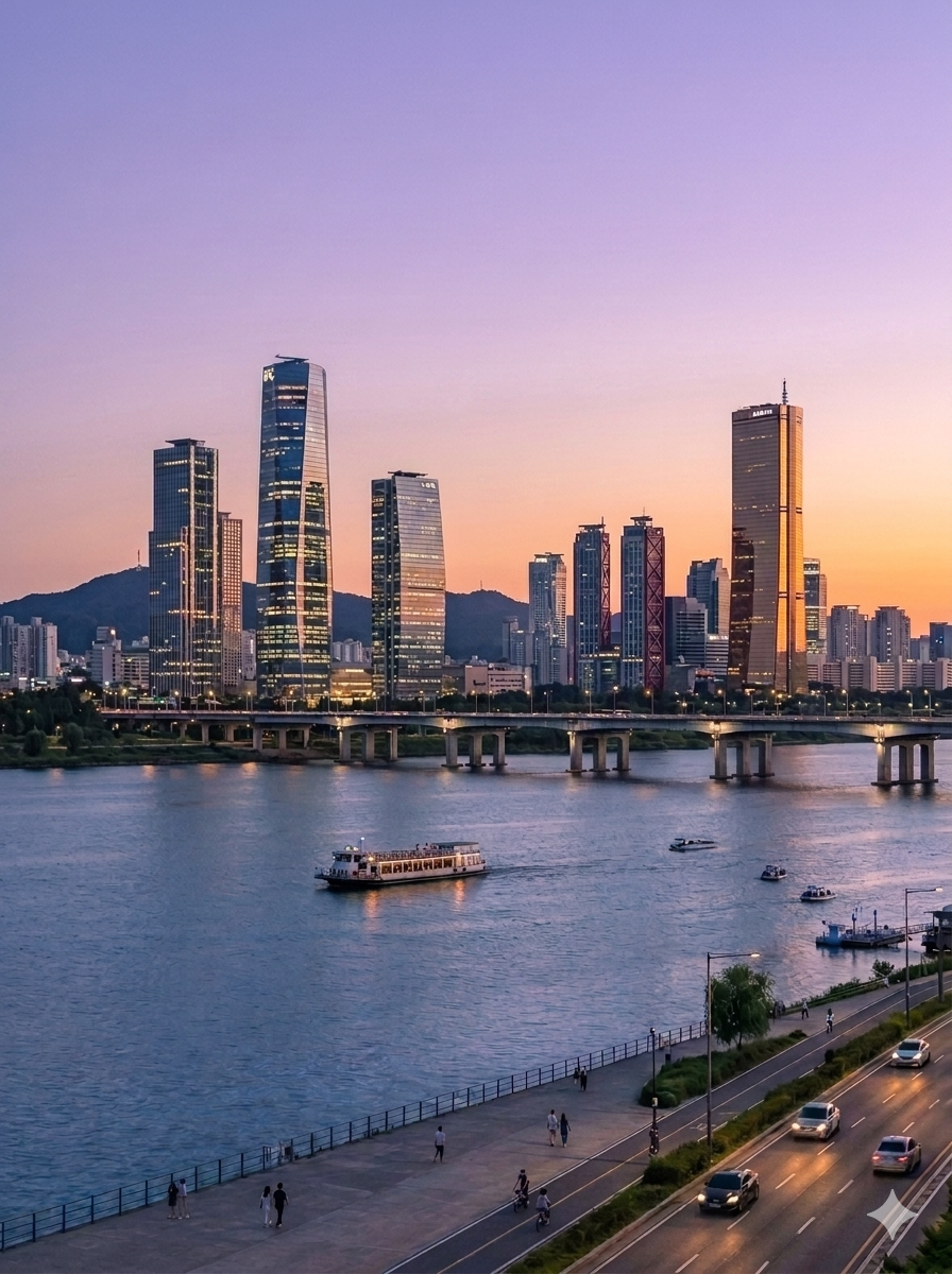 Skyline view of a city with tall modern skyscrapers near a river at sunset, with boats on the water and a promenade with people walking, and a road with cars in the foreground.