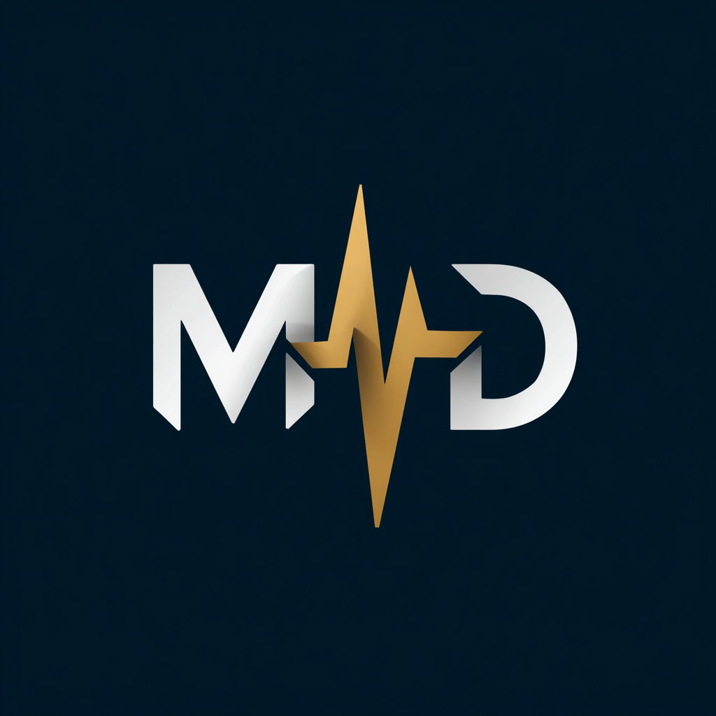 A logo with the initials M, A, and D, with a gold heart rate line integrated into the design, on a dark background.
