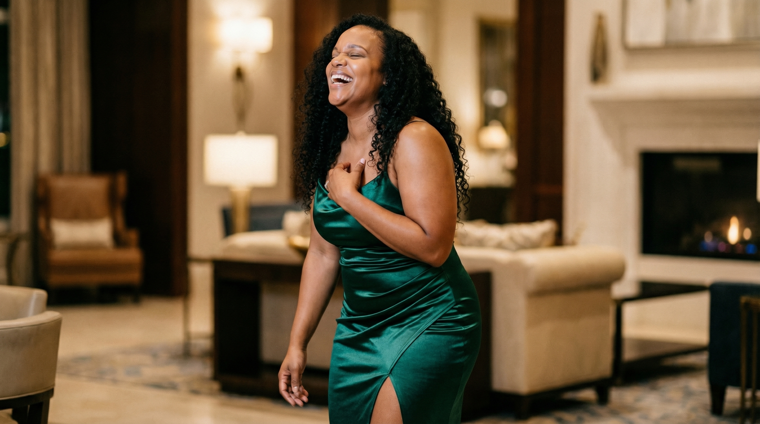 A woman in a green satin dress laughing with her hand on her chest in a warmly lit indoor setting.