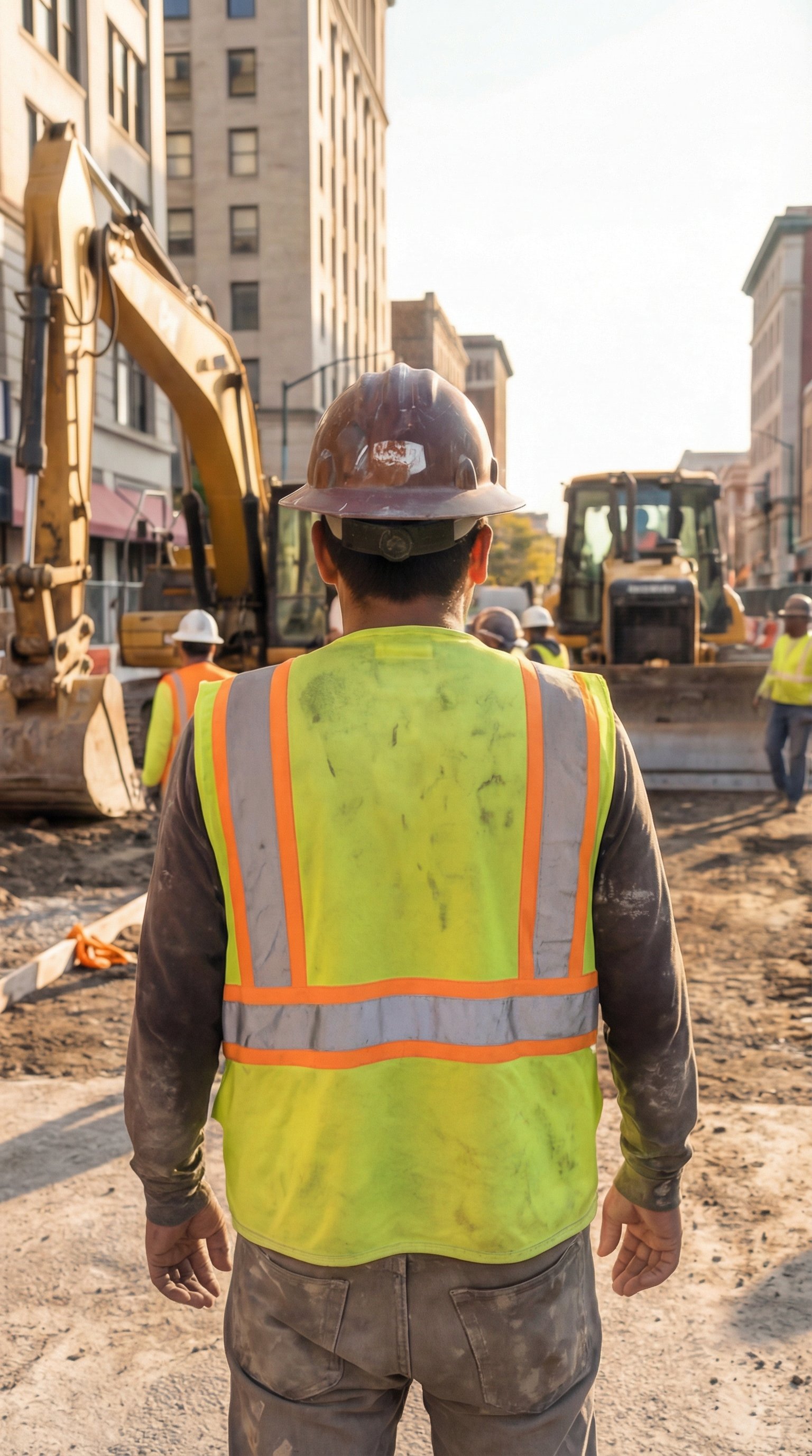 A construction worker wearing a yellow safety vest and a brown hard hat, standing on a city street under construction, with other workers and construction equipment around.