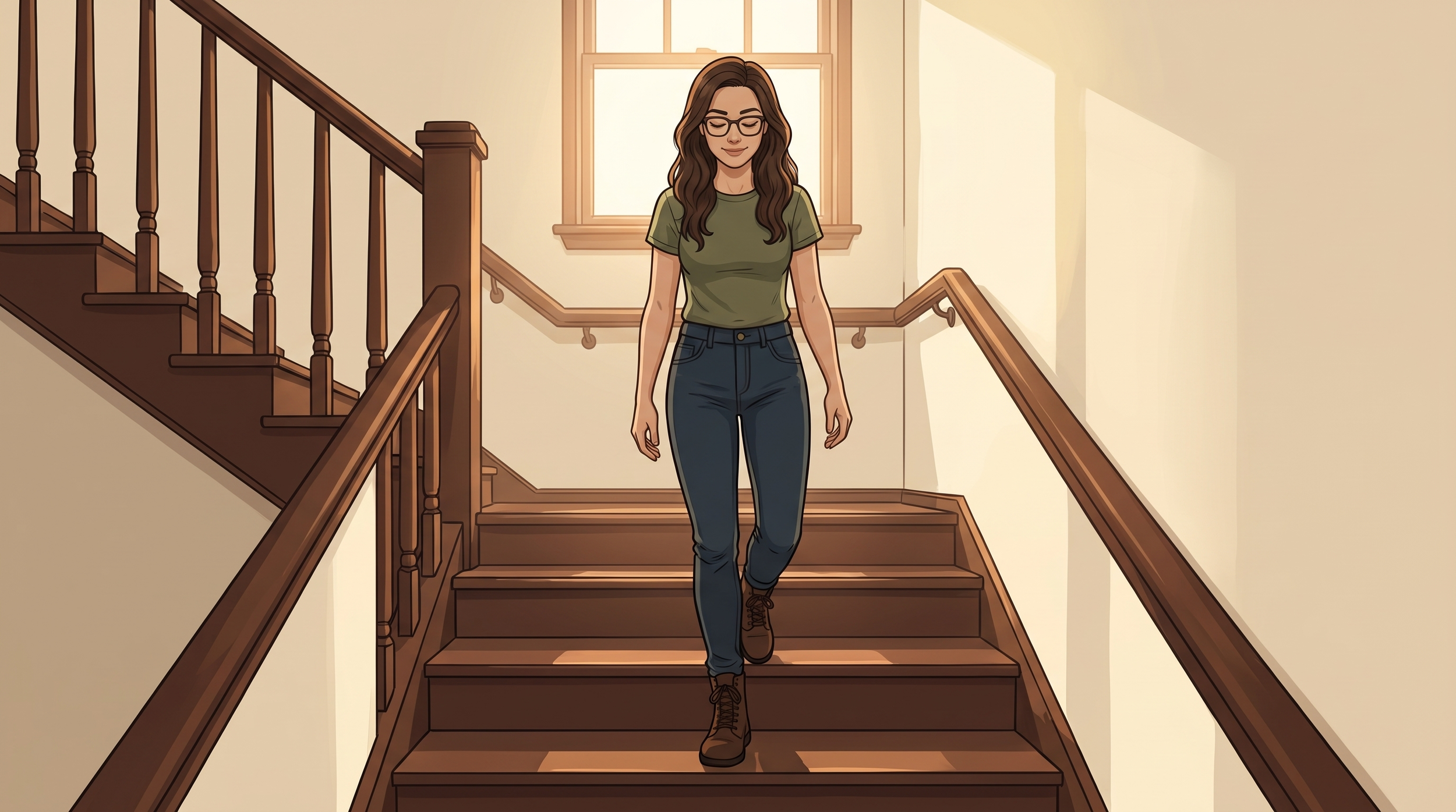 A woman with long brown hair, glasses, wearing a green t-shirt, blue jeans, and brown boots, walking down wooden staircase inside a house with sunlight coming through a window behind her.