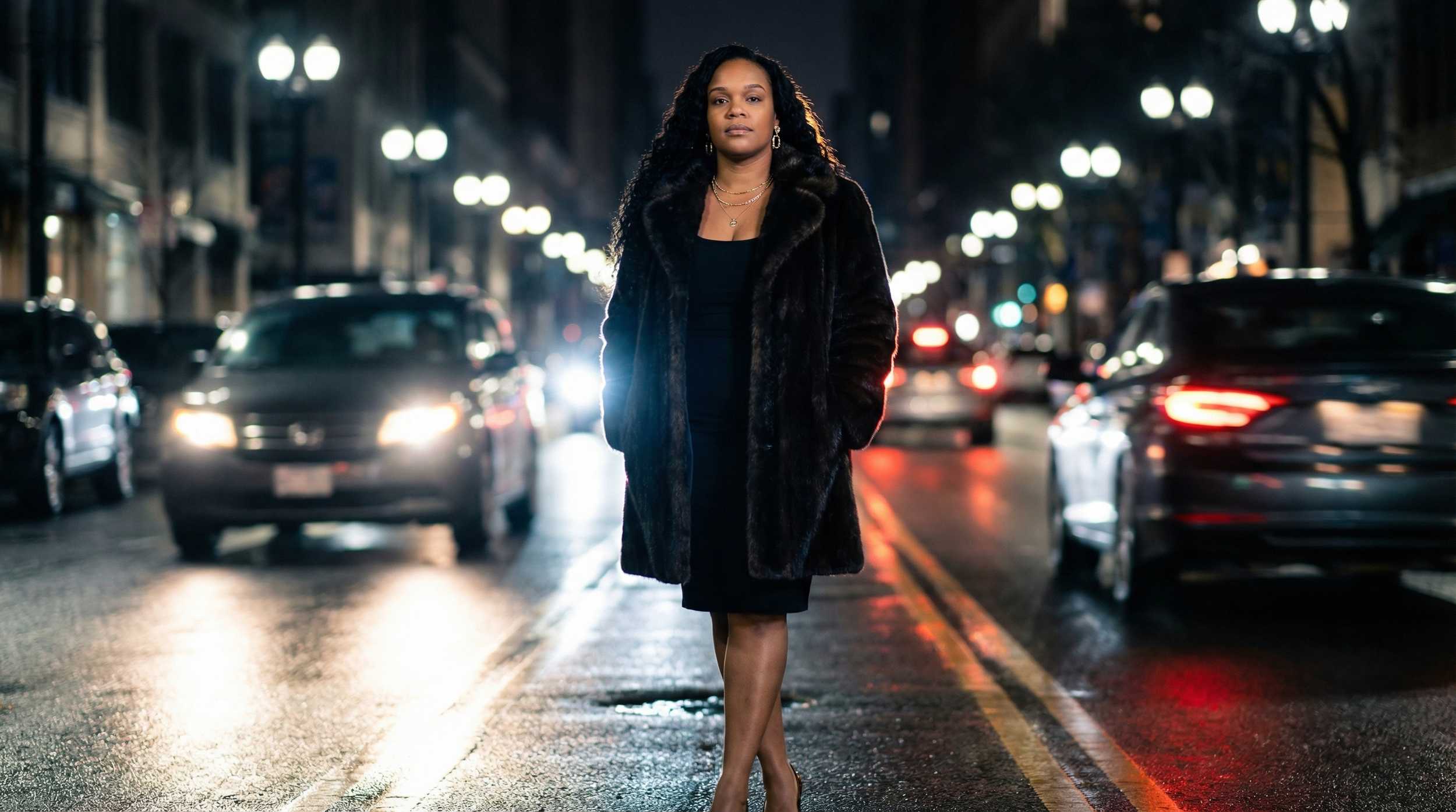A woman in a black dress and fur coat walking confidently on a wet city street at night, with blurred headlights and streetlights in the background.