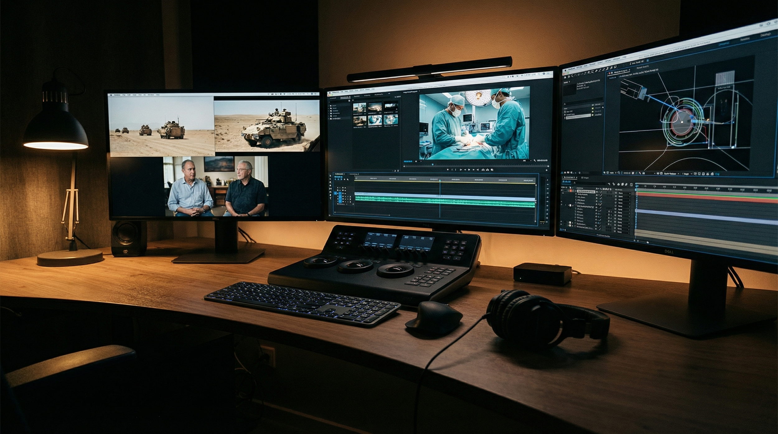Multiple computer monitors on a wooden desk showcasing video editing and military images, with a keyboard, control panel, and headphones nearby, illuminated by a desk lamp in a dim room.