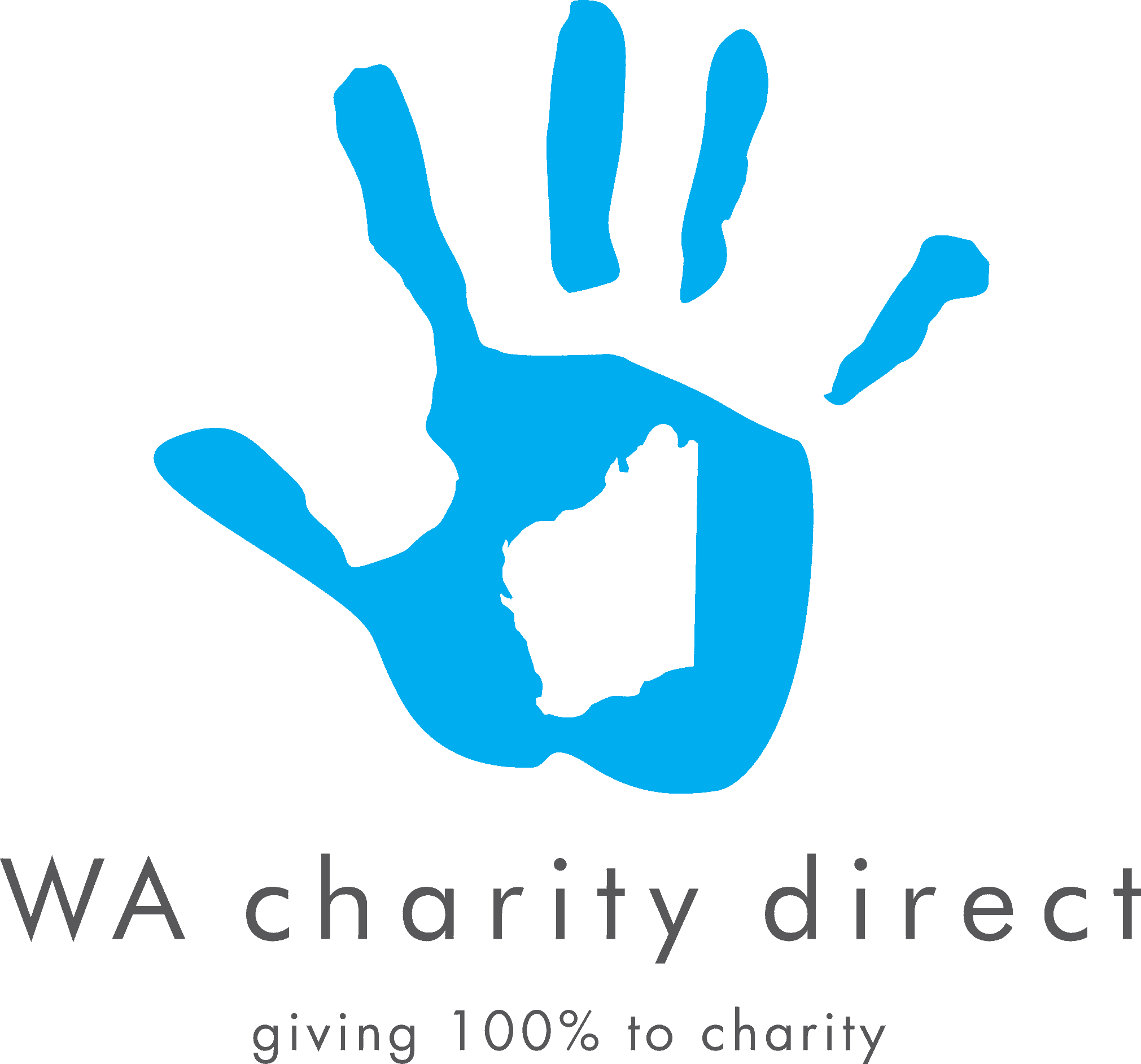 Blue handprint with text supporting WA charity district, giving 100 percent to charity.