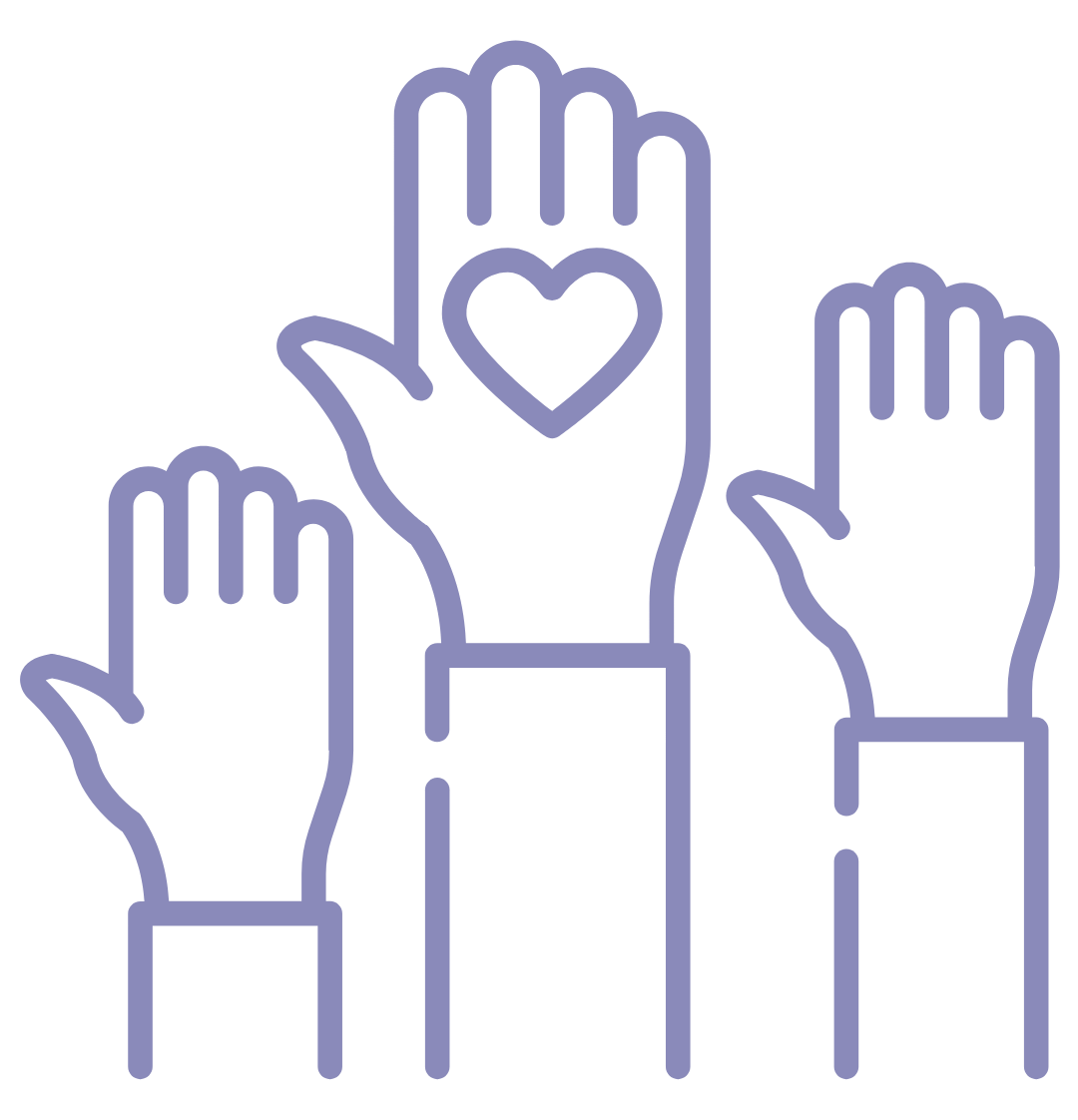 Outline drawing of three hands raised with one hand in the center displaying a heart shape.