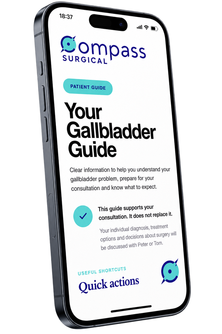 Compass Surgical gallbladder patient pathway displayed on an iPhone