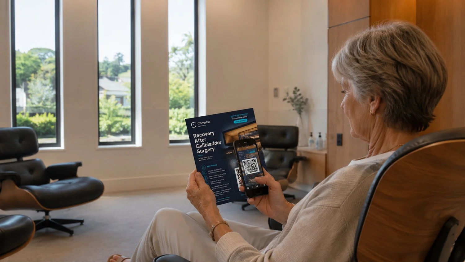 Patient using an A5 Compass Surgical QR handout to access a digital patient pathway on a mobile phone