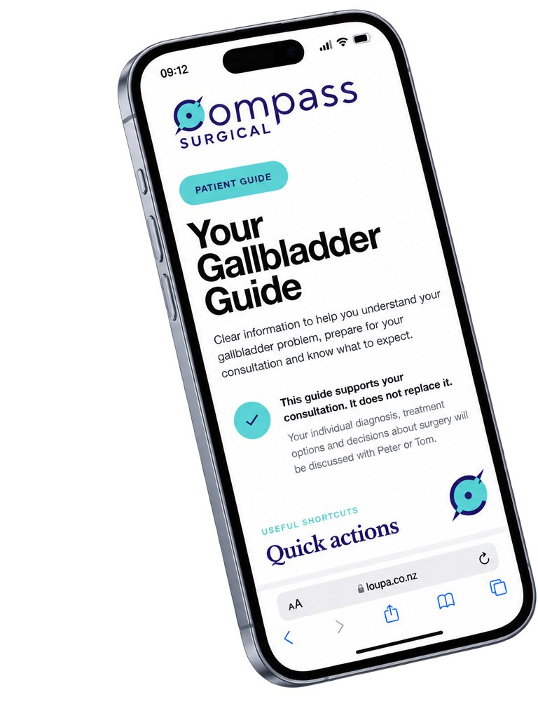 Compass Surgical gallbladder patient pathway displayed on an iPhone