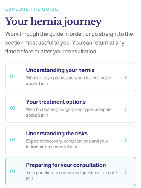 Hernia journey navigation within a Loupa patient pathway