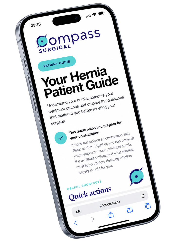 Compass Surgical hernia patient pathway displayed on an iPhone