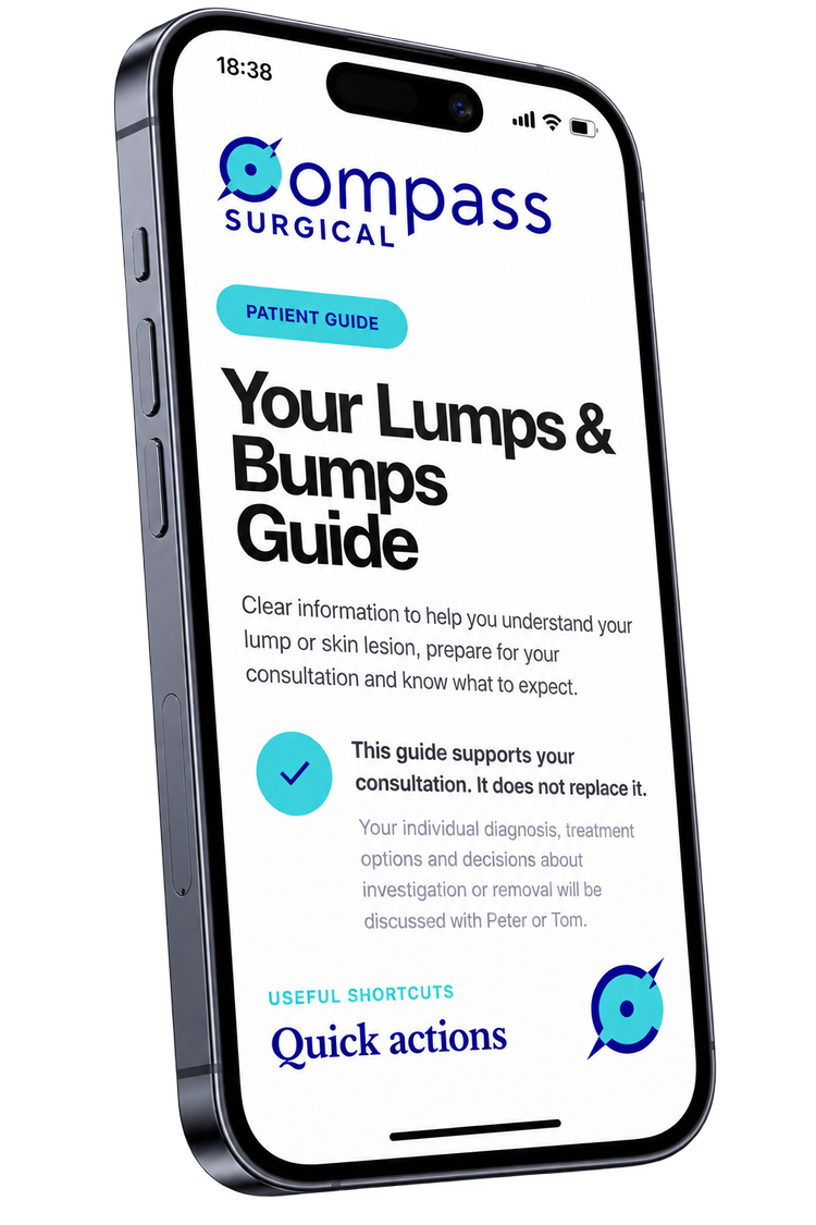 Compass Surgical lumps and bumps patient pathway displayed on an iPhone
