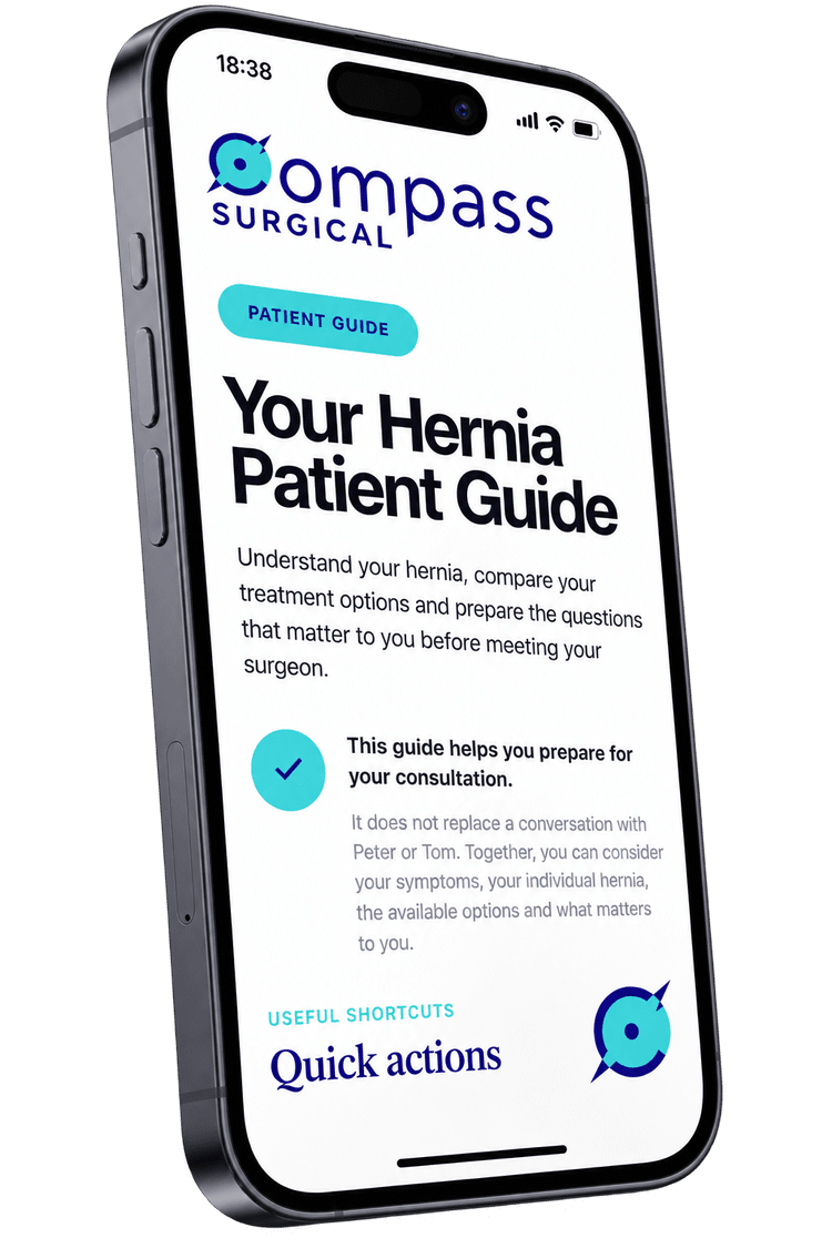 Compass Surgical hernia patient guide displayed on an angled iPhone