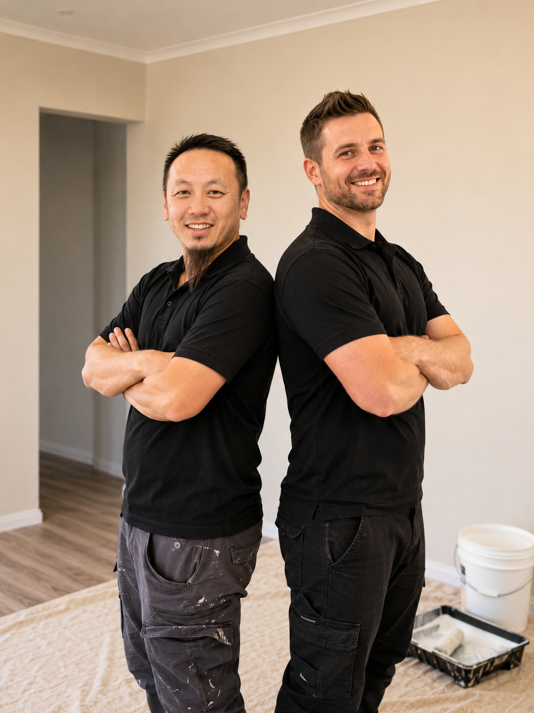 Two men standing back to back with crossed arms, smiling, in a room under renovation, with painting supplies on floor.